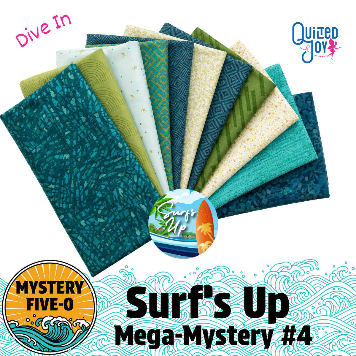 A promotional graphic for a fabric bundle called Surf's Up Mega-Mystery #4, showing a fan of five different patterned and printed cotton fabrics in shades of teal, green, blue, and cream. The fabrics feature various designs like stripes, waves, and sun motifs.