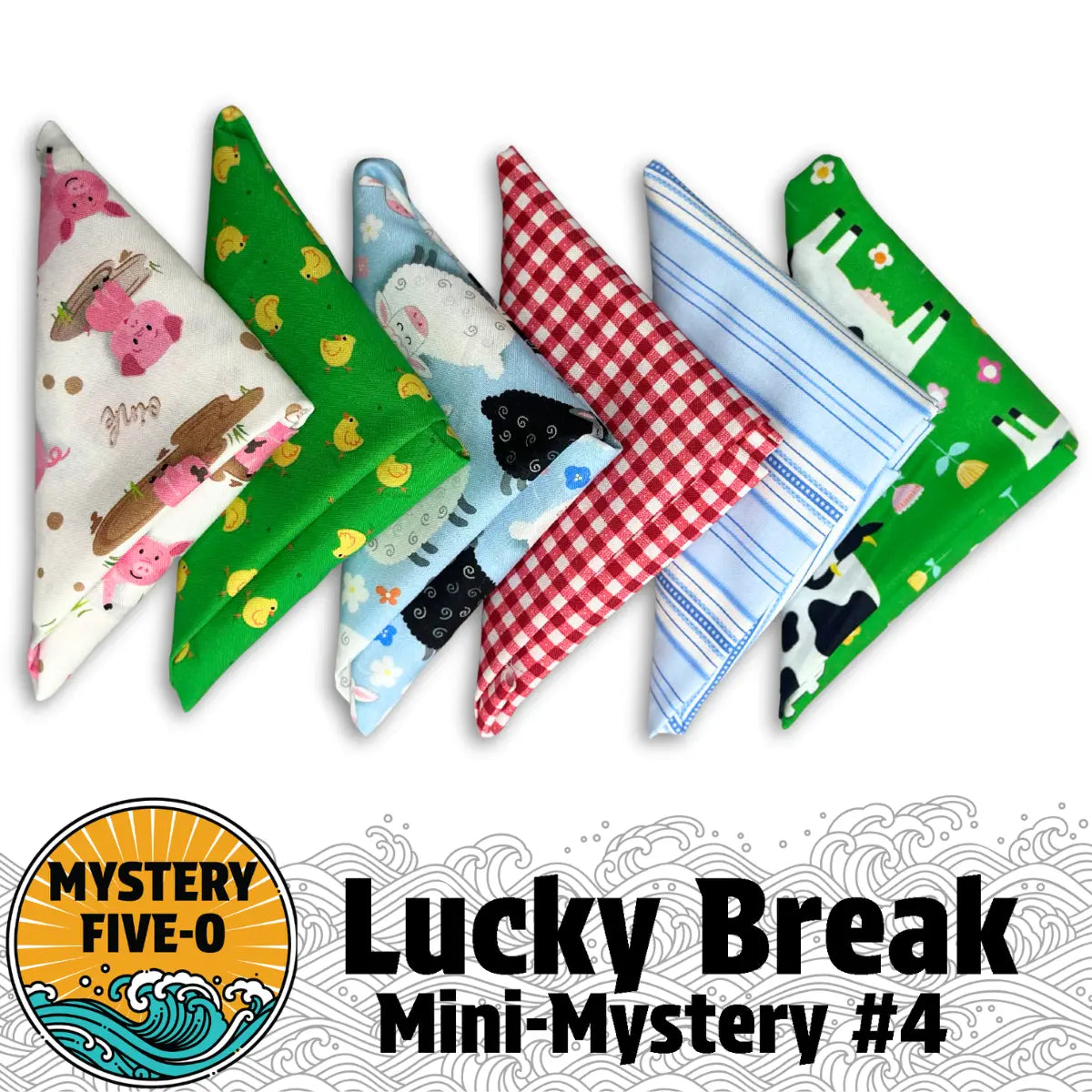 Five colorful fat quarters from the Mystery Five-O Barnyard Friends "Lucky Break" Bundle by Quilted Joy are displayed in a row—perfect for adding a fun twist to your next mystery quilt project.