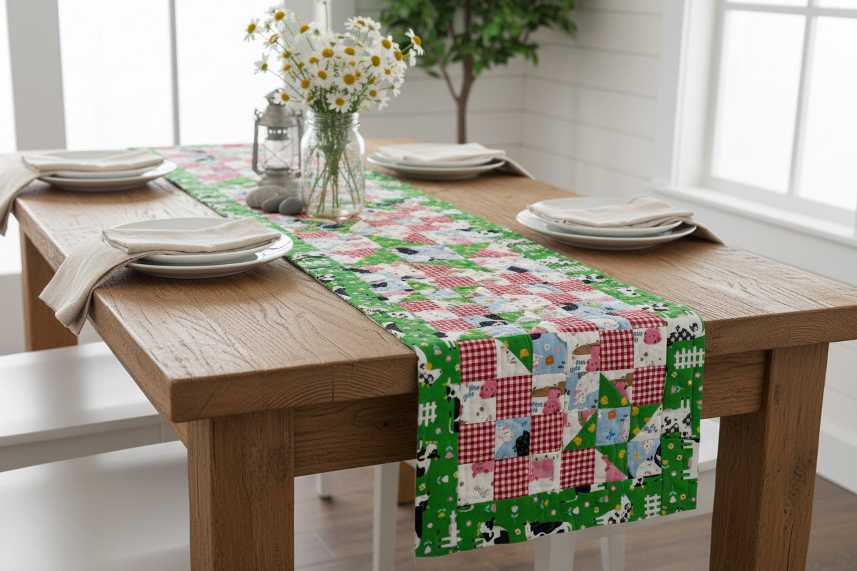 A wooden dining table is set with white plates, beige napkins, and a colorful runner made from the Quilted Joy Mystery Five-O Barnyard Friends "Lucky Break" Fat Quarter Quilt Kit. A vase of daisies and a lantern add a charming centerpiece.