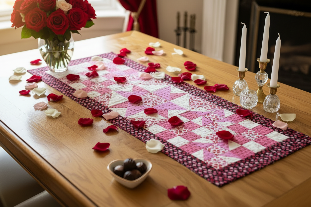 A wooden table features the Quilted Joy Mystery Five-O Love "Lucky Break" Fat Quarter Quilt Kit runner, heart-themed in pink and white, with rose petals, red roses in a vase, chocolates, and crystal candle holders for a romantic touch.