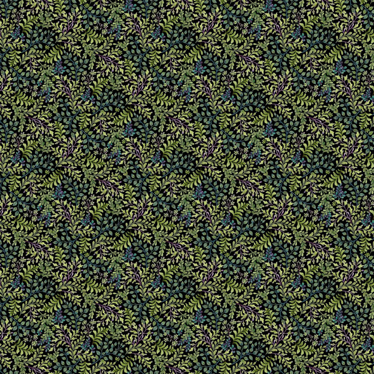 Nightshade Green Foilage on Black Fabric Yardage