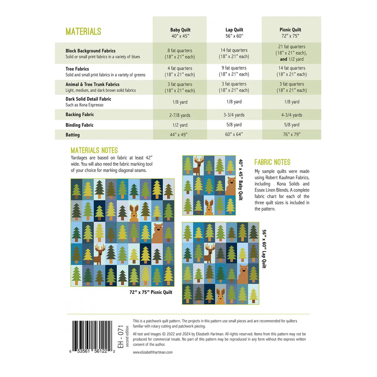 The Lookout Quilt Pattern includes a materials chart with fabric requirements for baby, lap, and picnic quilts, notes, a sample forest layout in patchwork style, and fat quarter-friendly fabric illustrations of trees and animals.