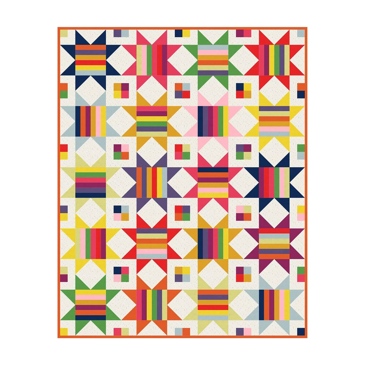 The Northwest Stars Quilt Kit features a vibrant geometric quilt with stars, squares, and stripes on a white dotted background, crafted using Makower UK Linen Texture for a Quilted Joy exclusive look.