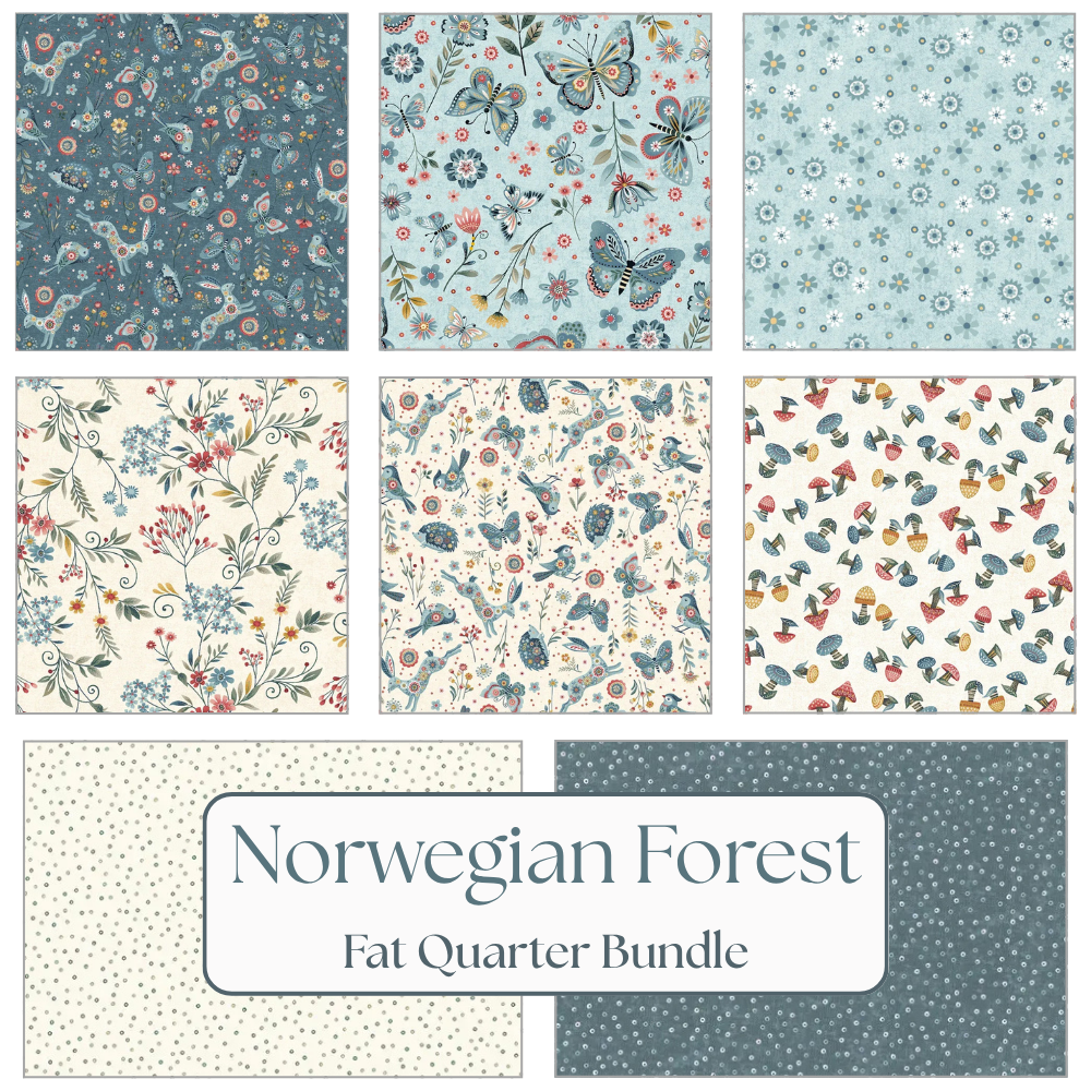 A set of eight patterned fat quarters in blue, cream, and red with floral, butterfly, mushroom, and leaf motifs from Jaftex - Henry Glass Fabrics. Labeled below: Norwegian Forest Fat Quarter Bundle.