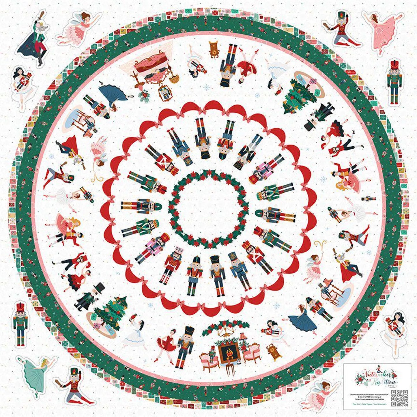 The Nutcracker Tradition Tree Skirt Kit by Quilted Joy features ballet characters, holiday scenes, and festive icons in concentric rings, inspired by the classic Christmas ballet and Riley Blake Designs. Ballet dancers decorate the numbered outer edge.