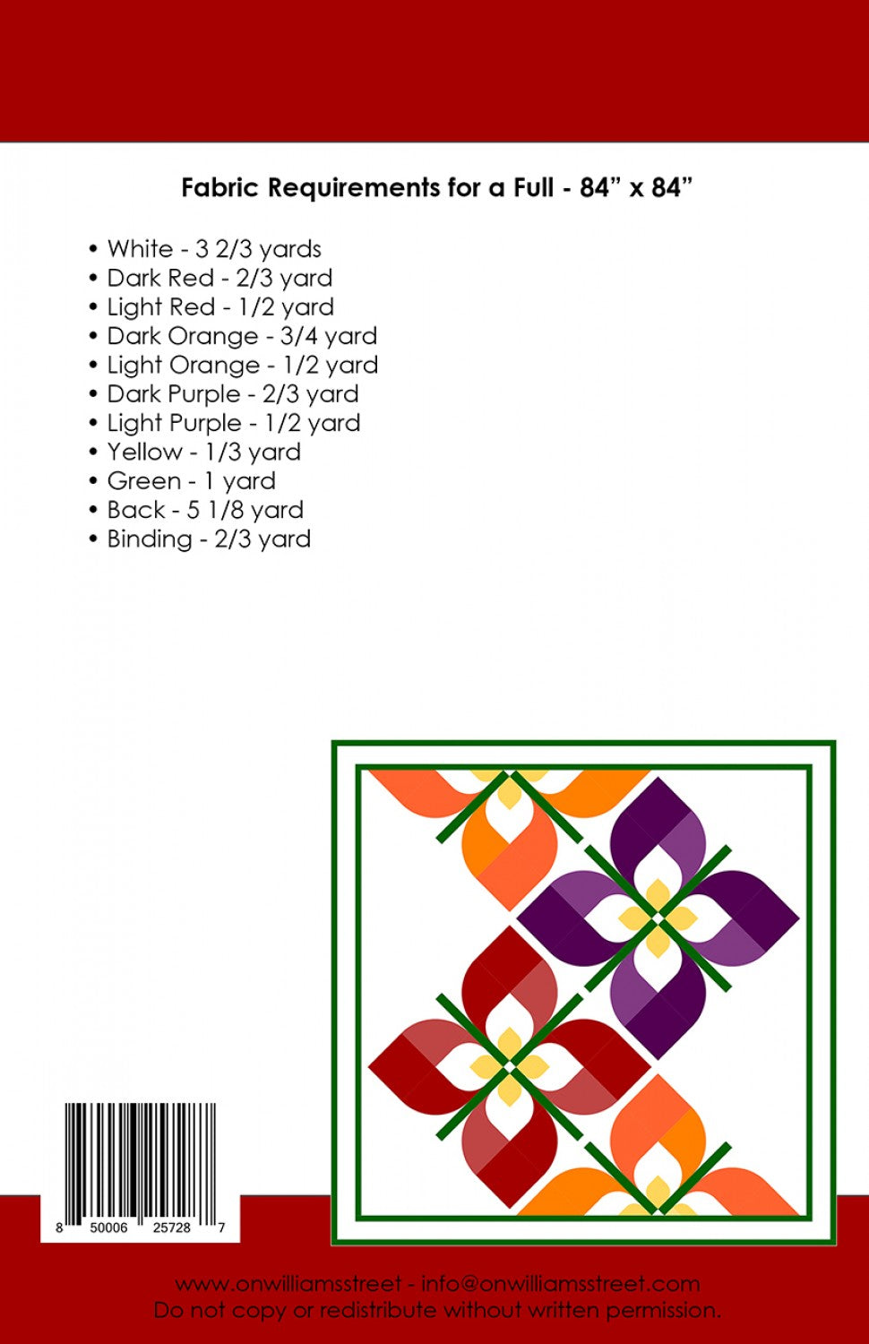 Find fabric requirements for a full-size (84" x 84") Windswept Quilt Pattern, featuring modern geometric flowers in red, orange, purple, yellow, and green at the bottom right; includes quantities and recommended templates.