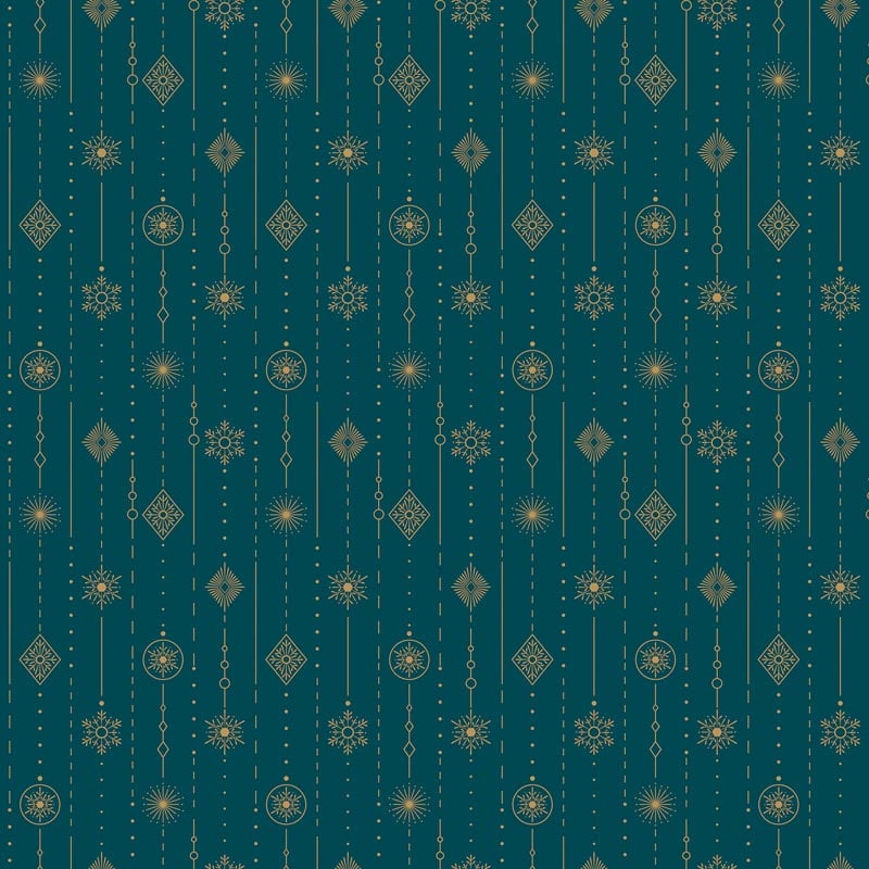 Shimmer Sparkle Gold Metallic Ornaments on Teal Fabric Yardage
