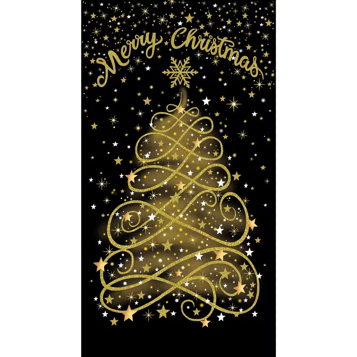 The Merry Christmas Black and Gold Metallic Panel by Timeless Treasures features gold accents, a swirling tree with stars, and “Merry Christmas” in gold script on a black background—a festive fabric panel for holiday projects.