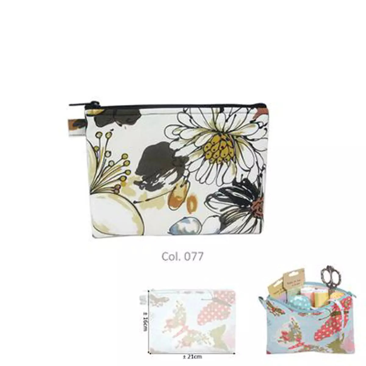 The Floral Design Clutch features abstract black, yellow, and brown flower patterns with a zipper. A diagram below displays its dimensions and illustrates the clutch being used to store stationery items.