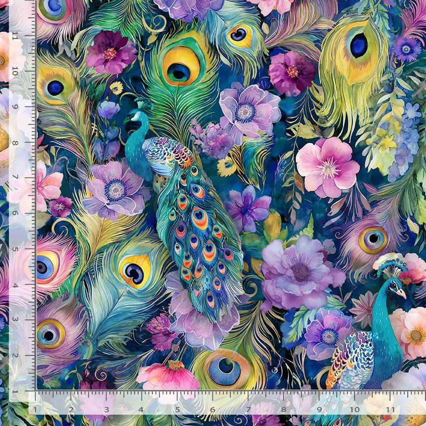 Wild Beauty Navy Peacock Peek-A-Boo Floral Fabric by Timeless Treasures features vibrant navy peacocks, colorful feathers, and purple, pink, and yellow flowers on a blue background—ideal for quilting projects. Ruler shown for scale.