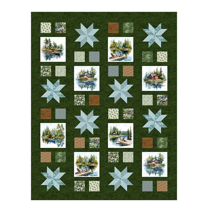 The Farmer's Stardust Quilt Kit - PRESALE by Quilted Joy showcases large blue star motifs, scenic cabin and lake panels, plus green, brown, and patterned squares—all on a dark green background. Ideal for your summer quilting projects!.