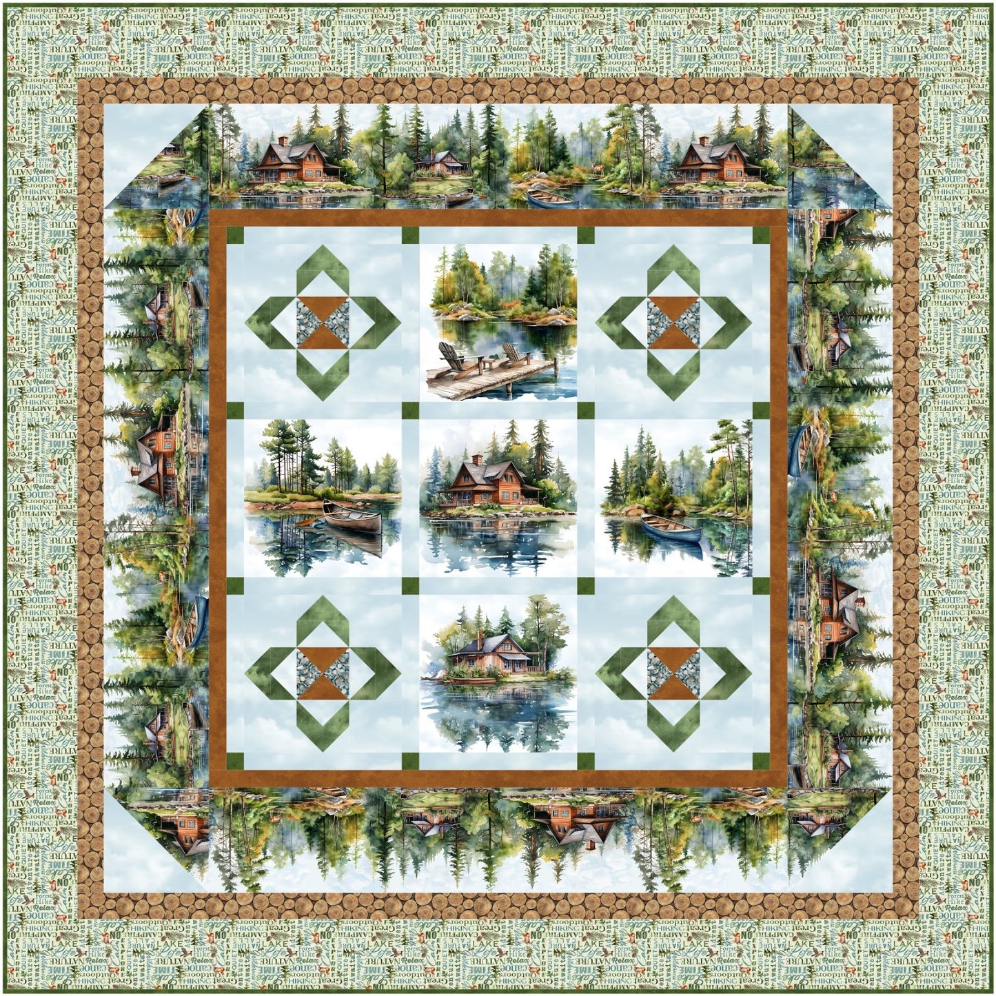 The Hideaway Quilt Kit by Quilted Joy features scenic panels of lakeside cabins, boats, and pine trees, bordered by geometric patterns and a stone-print edge for a tranquil woodland look.