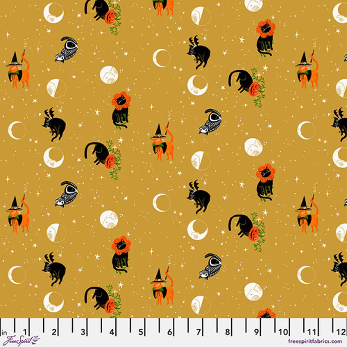 Witchy Ways Gold Meow at the Moon Fabric Yardage