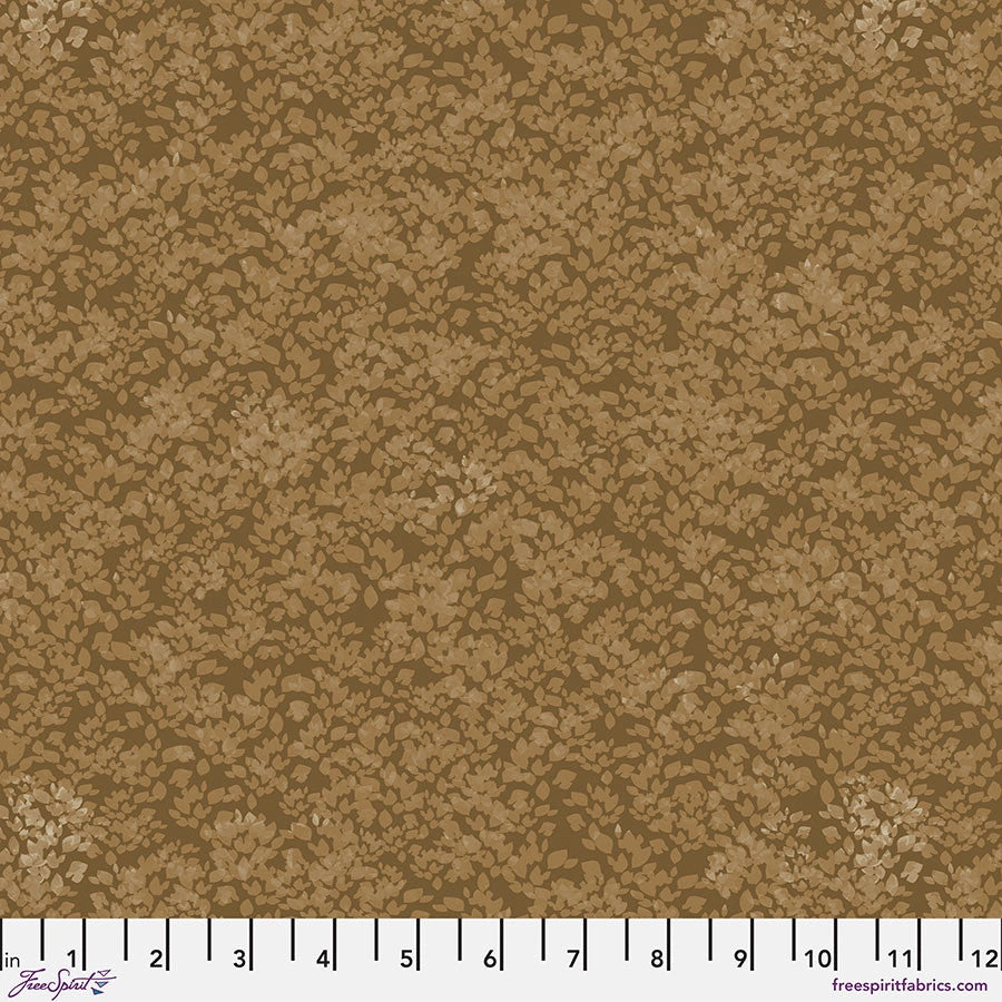 Jaftex - FreeSpirit Chromatics Walnut Foliage Fabric Yardage is a brown cotton quilting fabric with a subtle, mottled leafy pattern. A measuring grid at the bottom edge displays inches for scale from 0 to 13.
