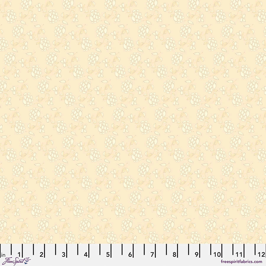 Cottage Cloth Dawn Manor Fabric Yardage by Jaftex - FreeSpirit features light beige cotton with a small-scale grape cluster and leaf print, shown with inch ruler—ideal for quilting projects.