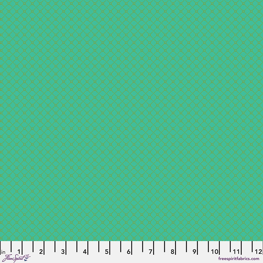 Vintage Cloth Vondel Bridges Fabric Yardage by Jaftex - FreeSpirit features teal quilting fabric with a repeating small yellow diamond pattern. A ruler shows inches 1-12 along the bottom edge, and FreeSpirit branding appears in the corners.