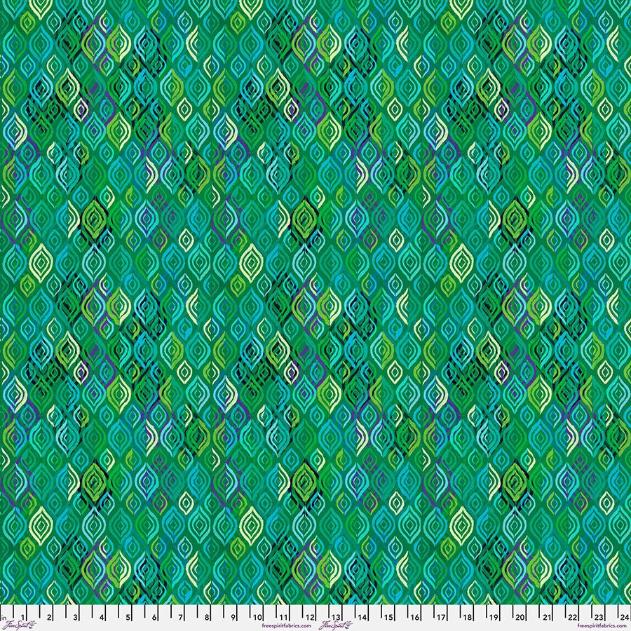 Soda Pop Green Groovy Fabric Yardage by Jaftex - FreeSpirit features a seamless multicolored diamond pattern in green, blue, and purple on teal, with a ruler showing inches 0-24—great for quilting or retro-modern projects.