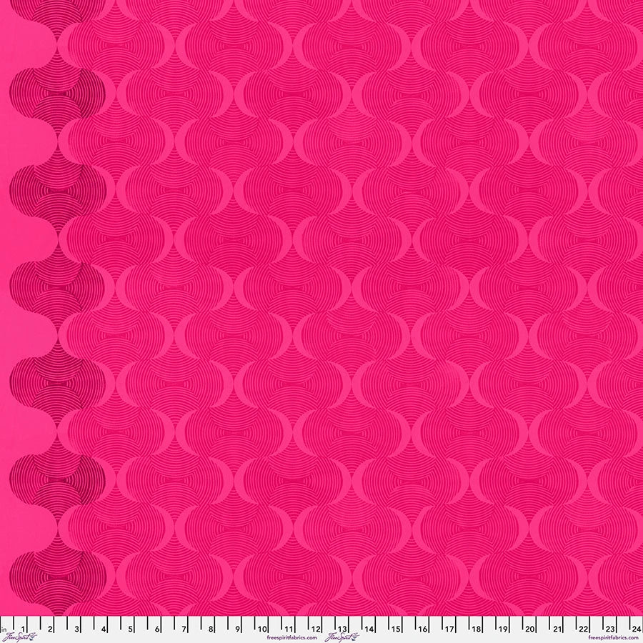 Grace Fuchsia Mindful Fabric Yardage by Jaftex - FreeSpirit is a bright pink cotton quilting fabric with curved geometric patterns, fine lines, a mindful motif on the left in darker pink tones, and an inch ruler along the bottom for measurements.