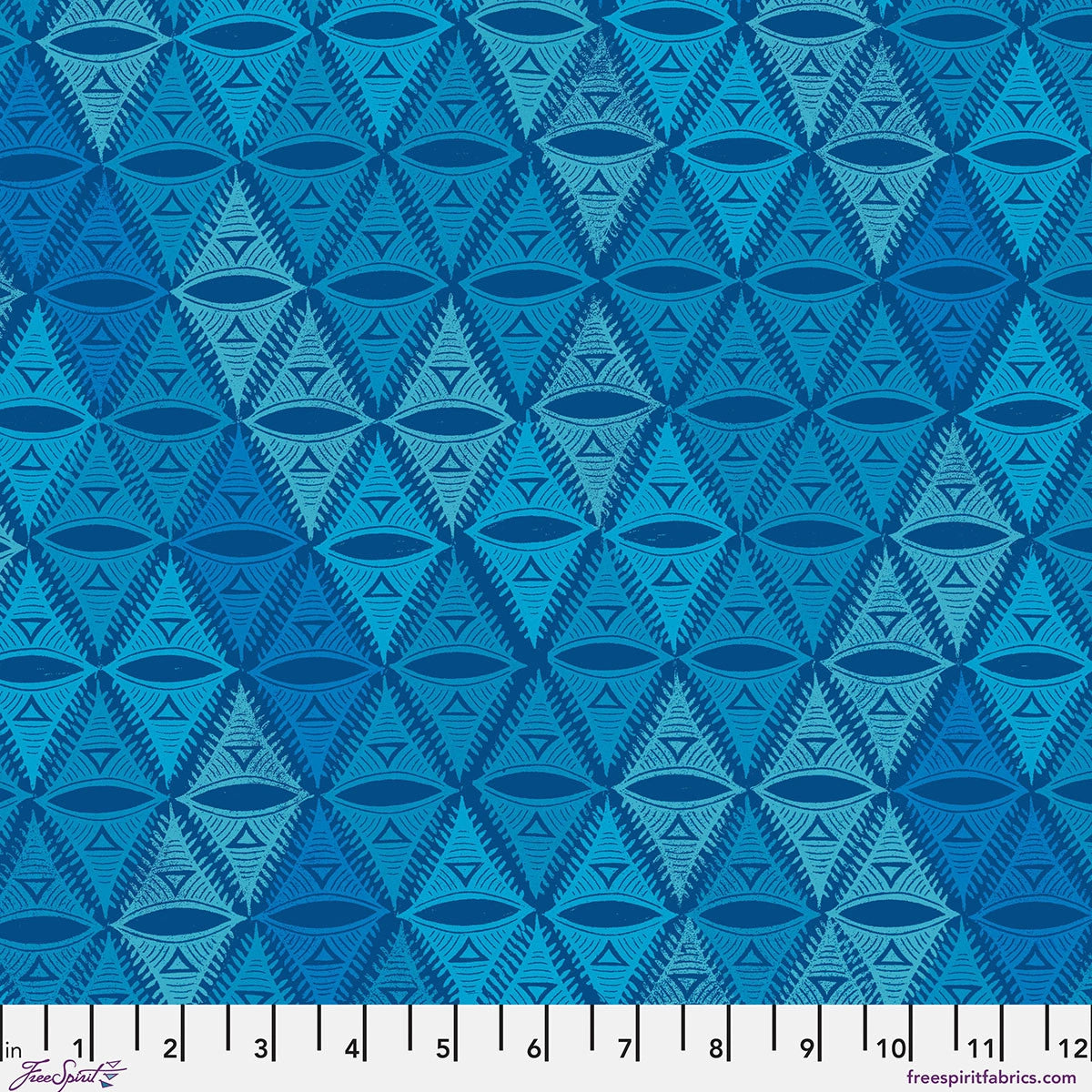 The Wisdom Cool The Ring Fabric Yardage by Jaftex - FreeSpirit features a repeating geometric pattern of blue triangles and eye motifs, with a white ruler along the bottom edge. Ideal for quilting cotton projects.