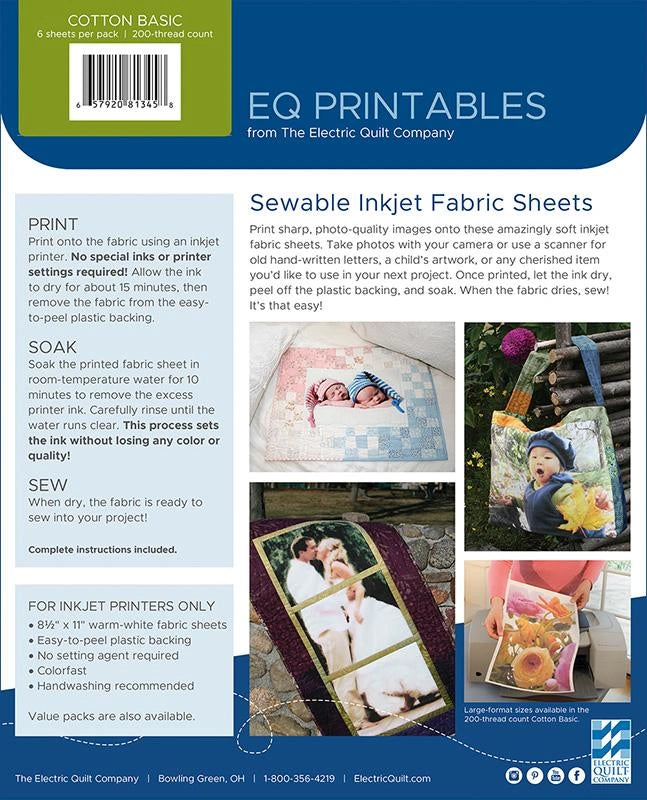 The back cover of Moda’s 6 Pack Cotton Basic EQ Printables Inkjet Fabric Sheets shows craft samples, product details, features, simple instructions, and Moda’s contact info.