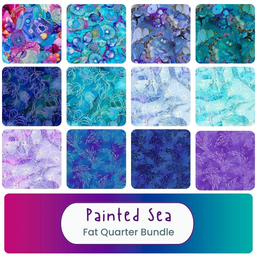 A set of 12 square quilting fabric swatches in blues, purples, and teals with ocean-inspired abstract designs. Below, text reads: Painted Sea Fat Quarter Bundle II by Quilted Joy on a teal-to-purple gradient background.