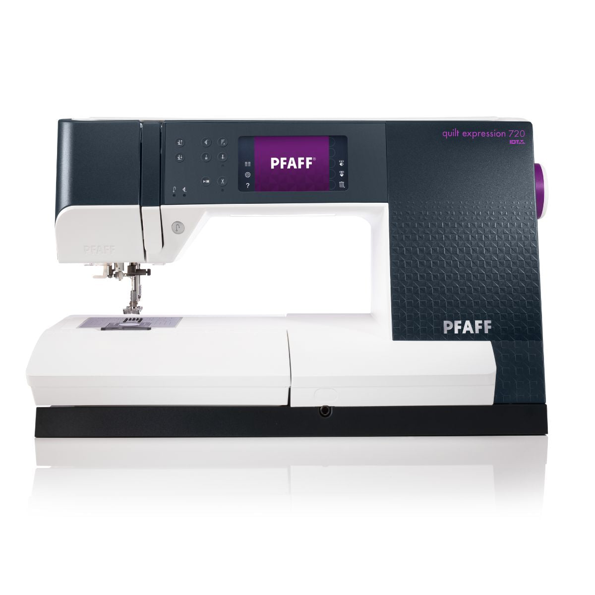 The Pfaff Quilt Expression 720 Refurbished sewing machine offers a digital display, easy-access controls, and a sleek gray design—ideal for quilting, advanced sewing tasks, and crafting beautiful decorative stitches.