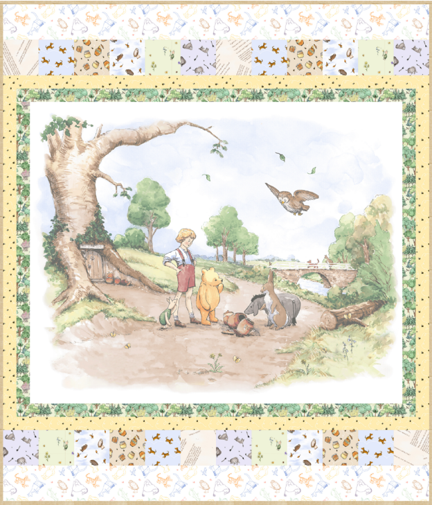 A watercolor illustration of a boy with a bear, donkey, piglet, and rabbit under a tree with an owl overhead, reminiscent of the Pooh and Friends Quilt Kit by Quilted Joy.