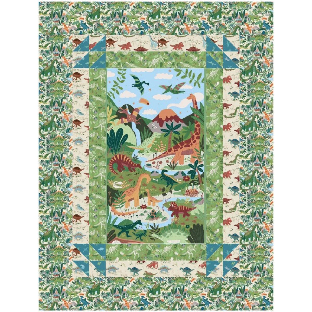 The Quilted Joy Prehistoric Quilt Kit features a central scene of dinosaurs in a lush landscape, bordered by dinosaur and leafy designs—perfect for kids' bedding.