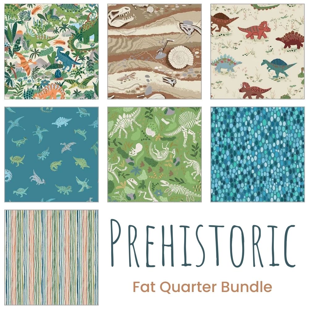 A collage of seven vibrant fabric squares by Quilted Joy features dinosaurs, fossils, skeletons, turtles, leaves, dots, and stripes. Below is “Prehistoric Fat Quarter Bundle,” highlighting this lively collection for any project.