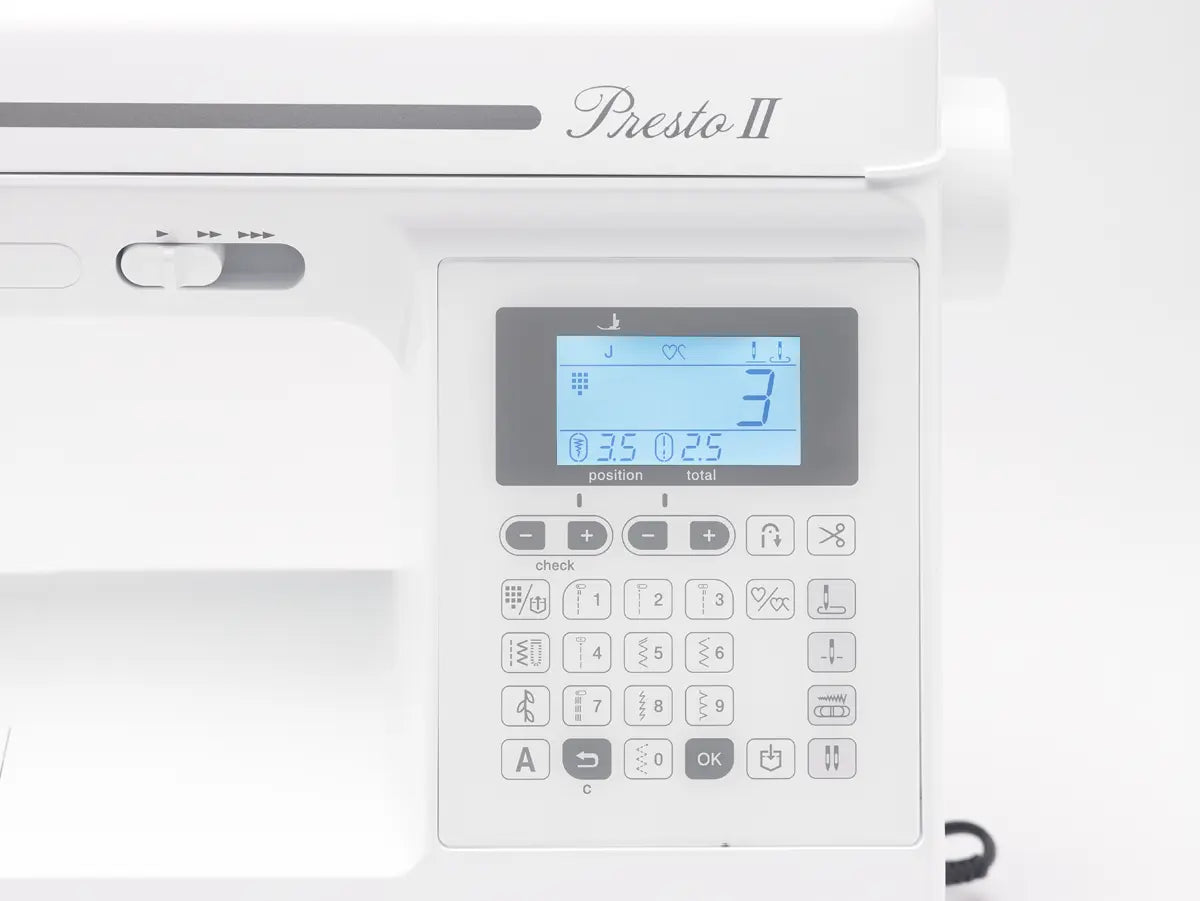 Close-up of the Baby Lock Presto 2 Sewing and Quilting Machine control panel, showing a digital screen with stitch settings and buttons for function selection—includes 60 days of FREE online classes.