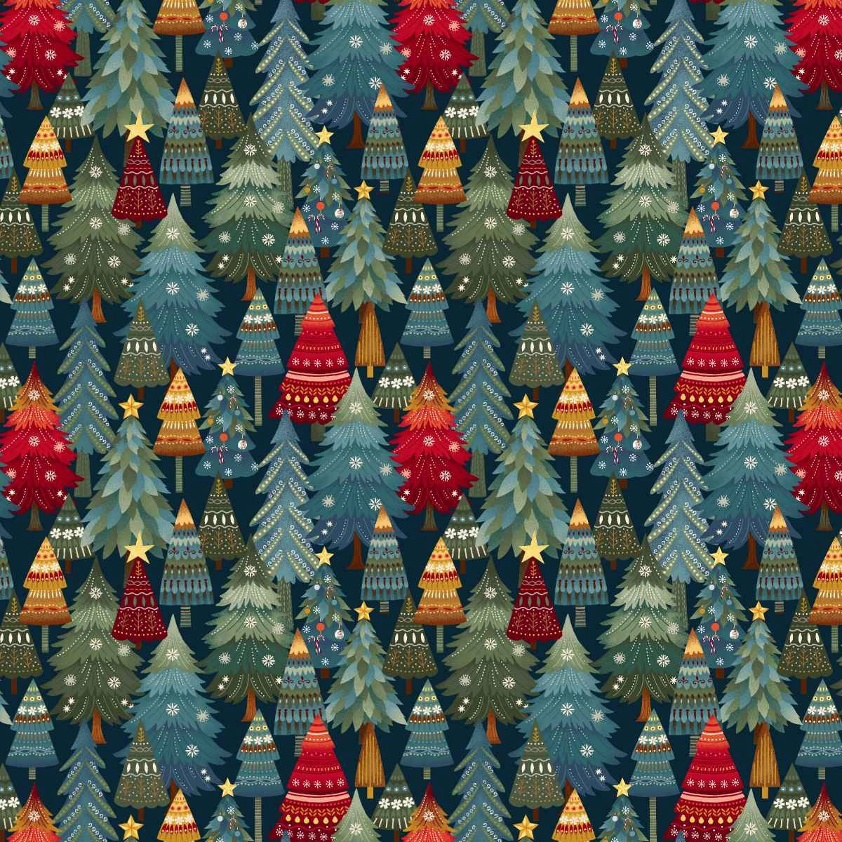 Nordic Holiday Village Dark Blue Stacked Trees Fabric Yardage - quilt fabric for sewing and quilting projects