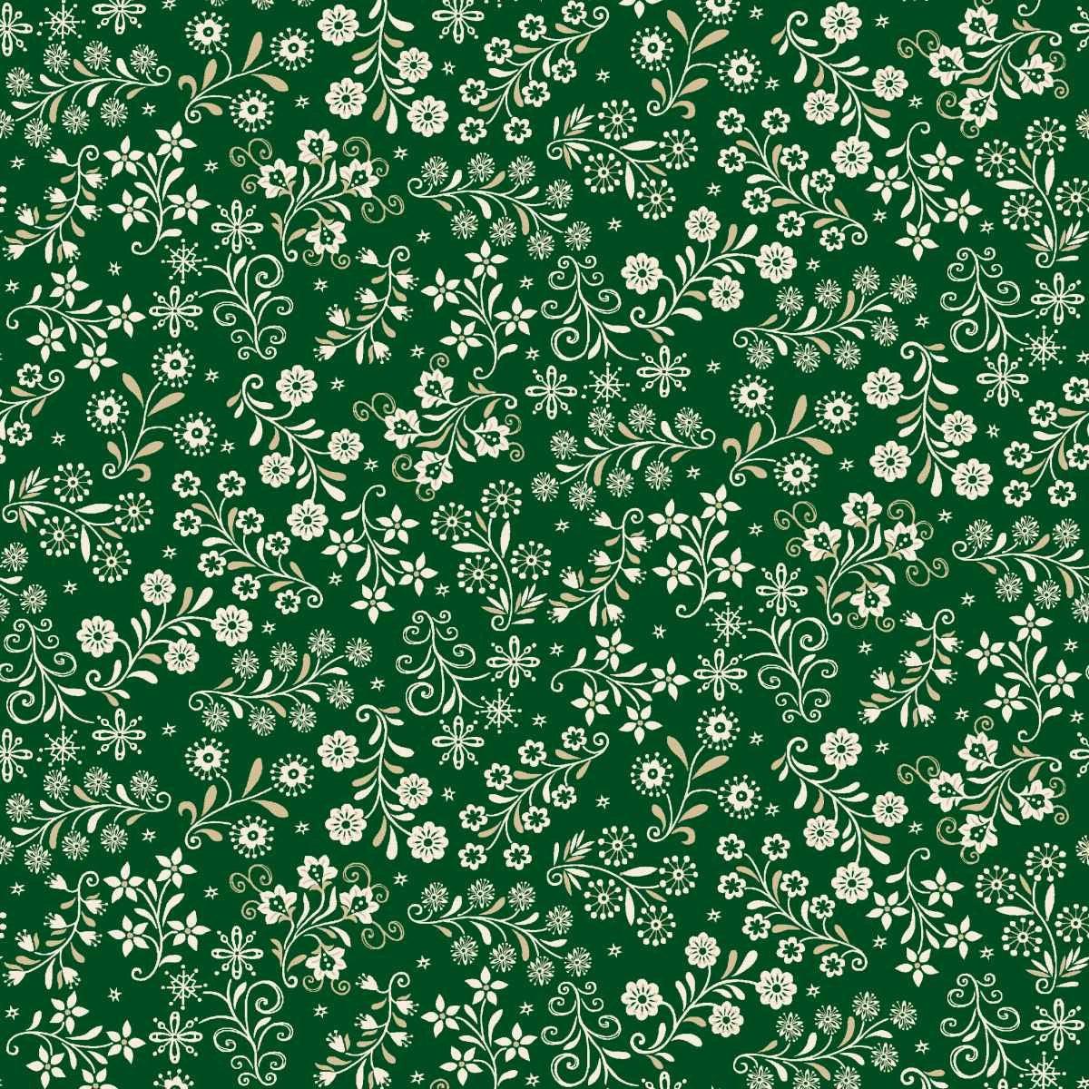 Nordic Holiday Village Green Cream Floral Vines Fabric Yardage - quilt fabric for sewing and quilting projects