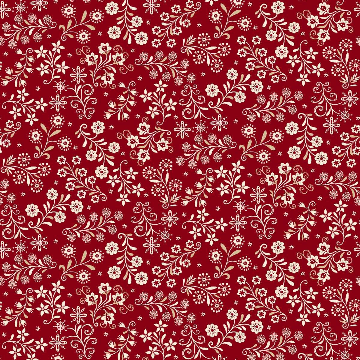 Nordic Holiday Village Red Cream Floral Vines Fabric Yardage - quilt fabric for sewing and quilting projects