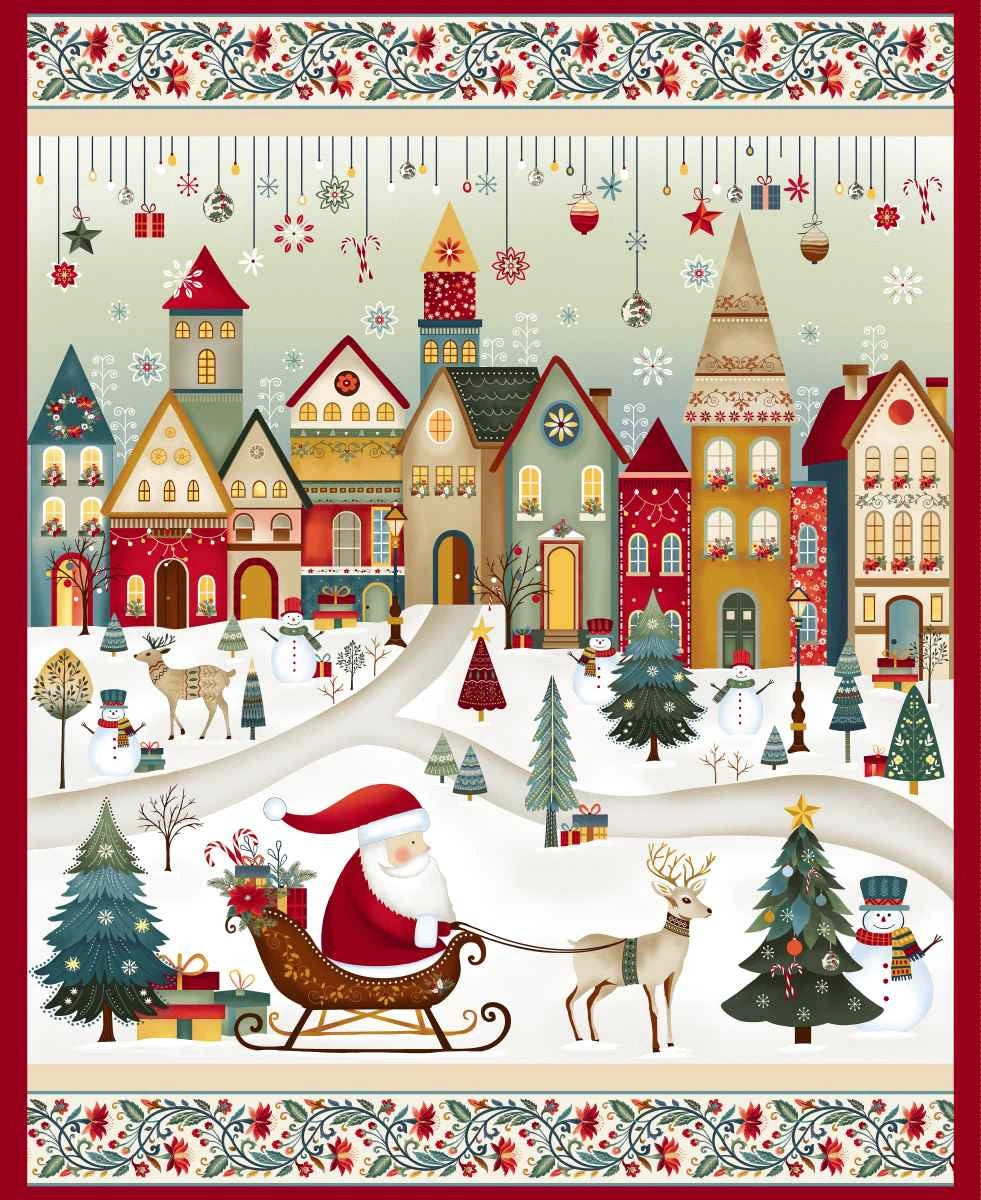 Nordic Holiday Village Cream Multi Santa Scene Panel 36" - quilt fabric panel for quilting projects