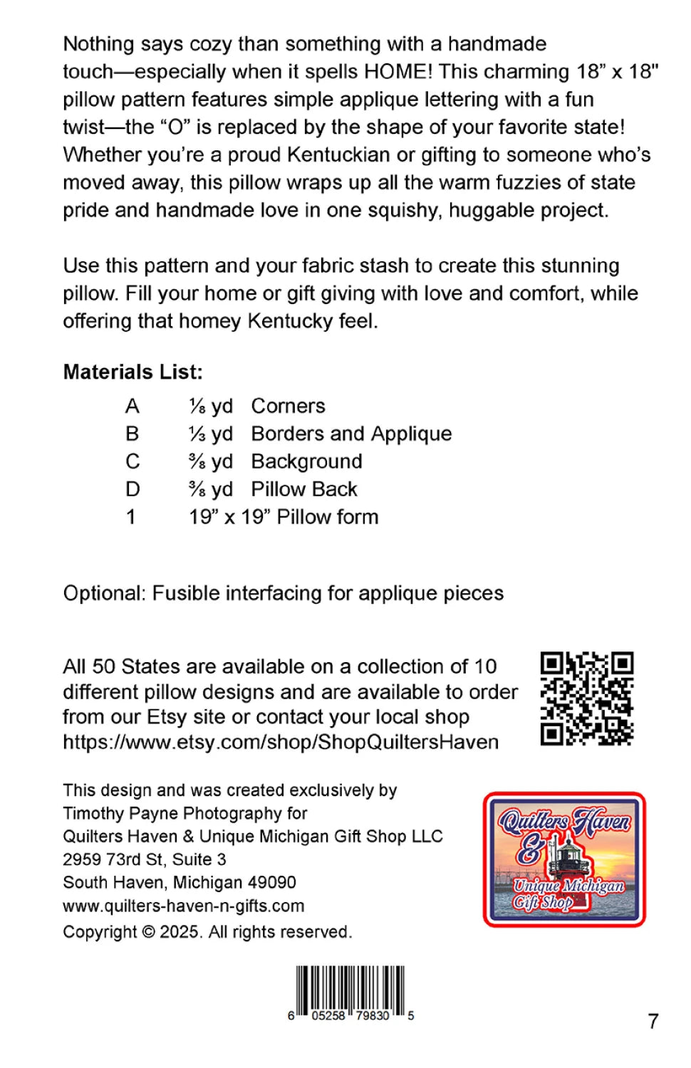 The Kentucky HOME Pillow Pattern by Checker Distributor includes beginner sewing and applique instructions, a table of fabric requirements, supply details, and features Quilters Haven's logo, address, socials, and barcode at the bottom.