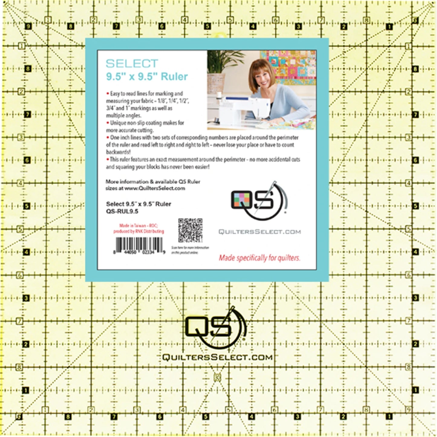 The Quilters Select Non-Slip Ruler 9-1/2in x 9-1/2in by Checker Distributor features black grid lines, an easy-to-read label with a QR code and website, plus a non-slip coating—ideal as a premium quilting ruler.