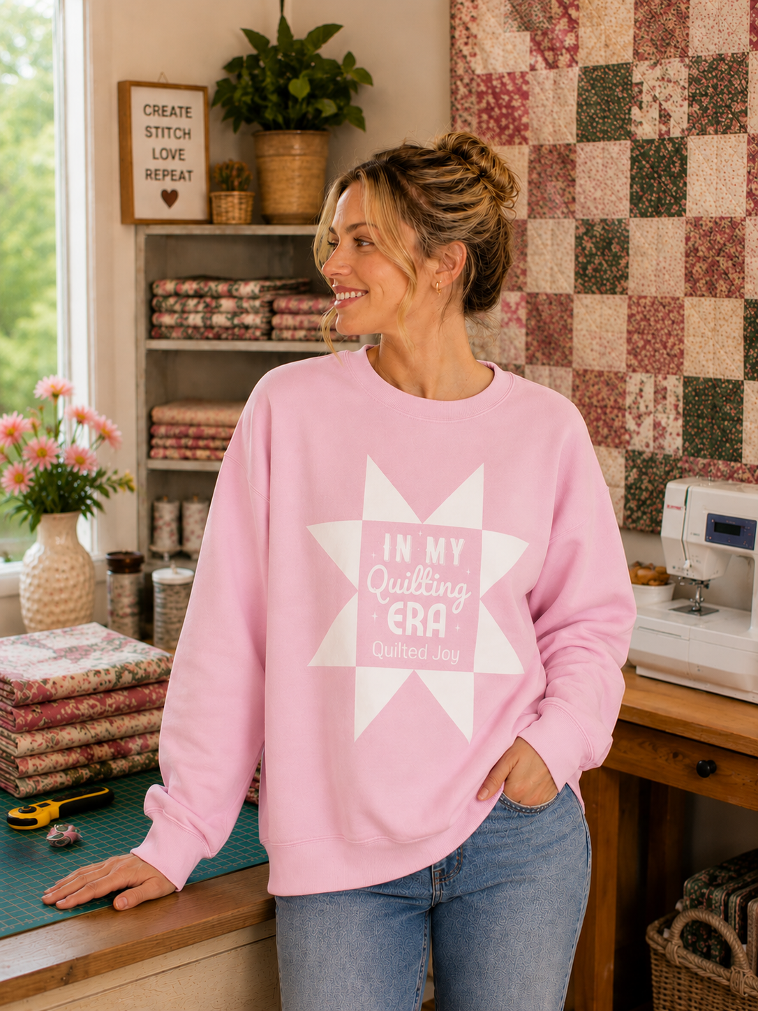 In My Quilting Era Pink Crewneck Sweatshirt - image 5 - quilting pins for securing fabric layers