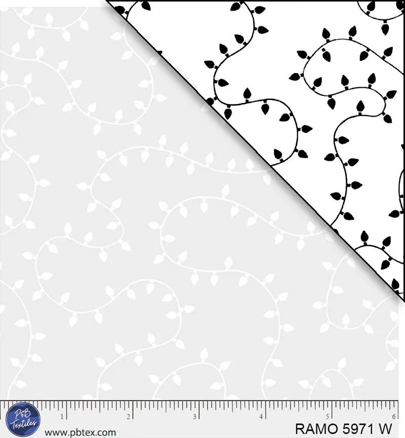 Ramblings White on White Christmas Lights Fabric Yardage: Diagonal split design with string lights—Black lights/cord on white one side, white lights on pale gray the other. Ruler at bottom shows scale in inches. P&B Textiles Ramblings Collection info in corners.
