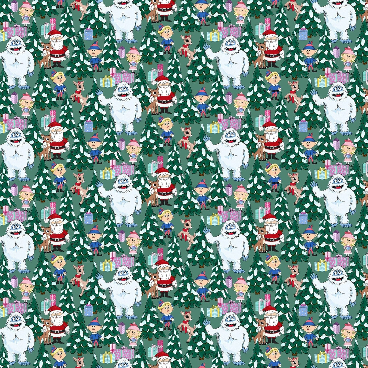 Rudolph the Red-Nosed Reindeer Light Spruce Scene Fabric Yardage - quilt fabric for sewing and quilting projects