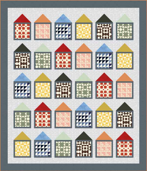 A quilt with 25 house-shaped blocks in colorful geometric or floral patterns, set on a light background with a dark border—crafted using the Red Roof Quilt Kit by Quilted Joy.