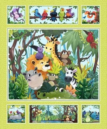 Jungle Friends lime panel quilt fabric