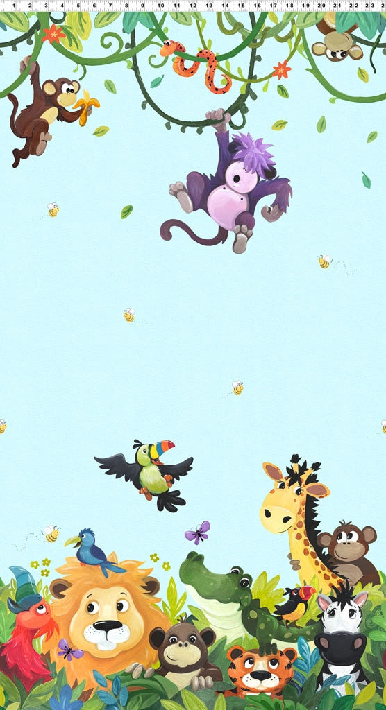 Jungle Friends light blue double border fabric yardage