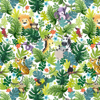 Jungle Friends White Packed Animals Fabric Yardage