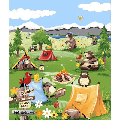Barron Goes Camping Grass Green Quilt Panel 36" x 43"