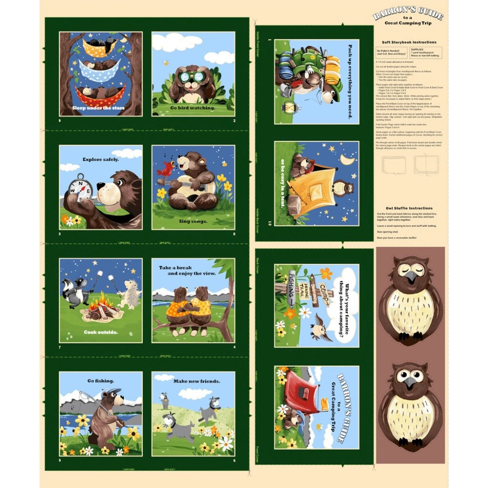 Barron Goes Camping Green Storybook Panel - quilt fabric panel for quilting projects