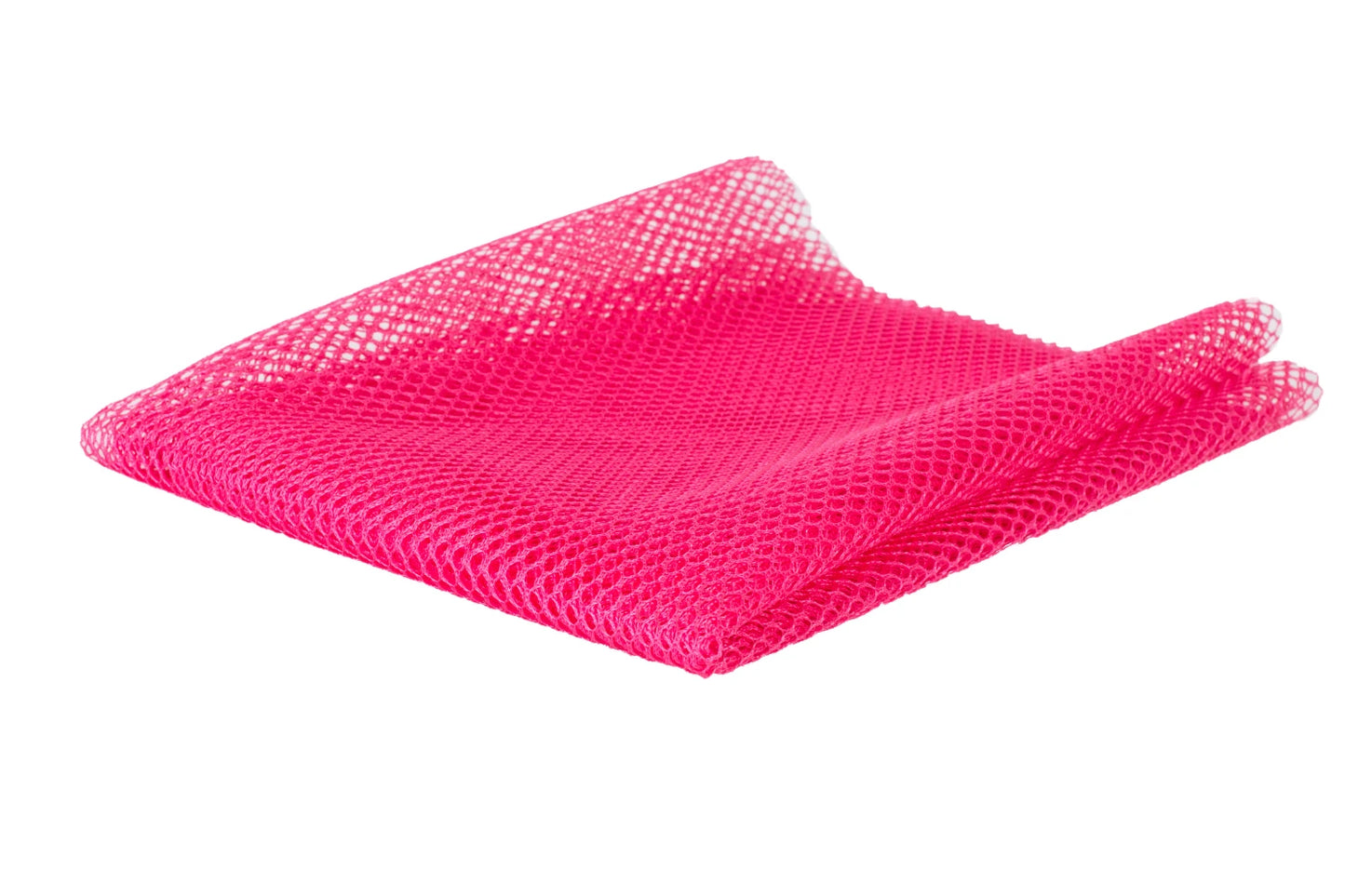 Mesh Lite Weight Lipstick 18in x 54in is a bright pink, lightweight mesh fabric with evenly spaced holes and a see-through net texture, shown folded against a white background—ideal for creative sewing projects.