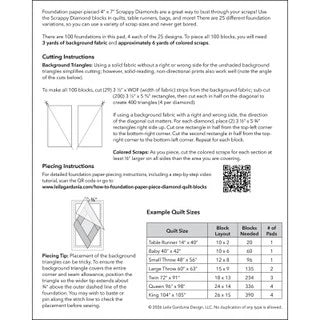 The Checker Distributor Scrappy Diamonds Foundation Pad includes a printed instruction sheet with diagrams, material lists, cutting tips, step-by-step piecing directions, and example quilt sizes for creating scrappy diamond blocks using foundation paper piecing.