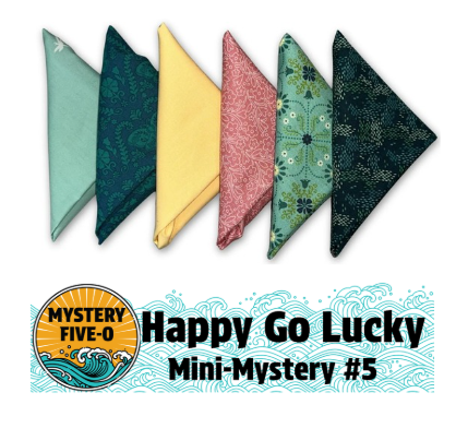 Six colorful fabric triangles are arranged in a row above the Quilted Joy logo and “Mystery Five-0 Spring Grove Happy Go Lucky Fat Quarter Bundle”—a bright blue wave and sunburst design, perfect for your next mini mystery quilt or fat quarter project.