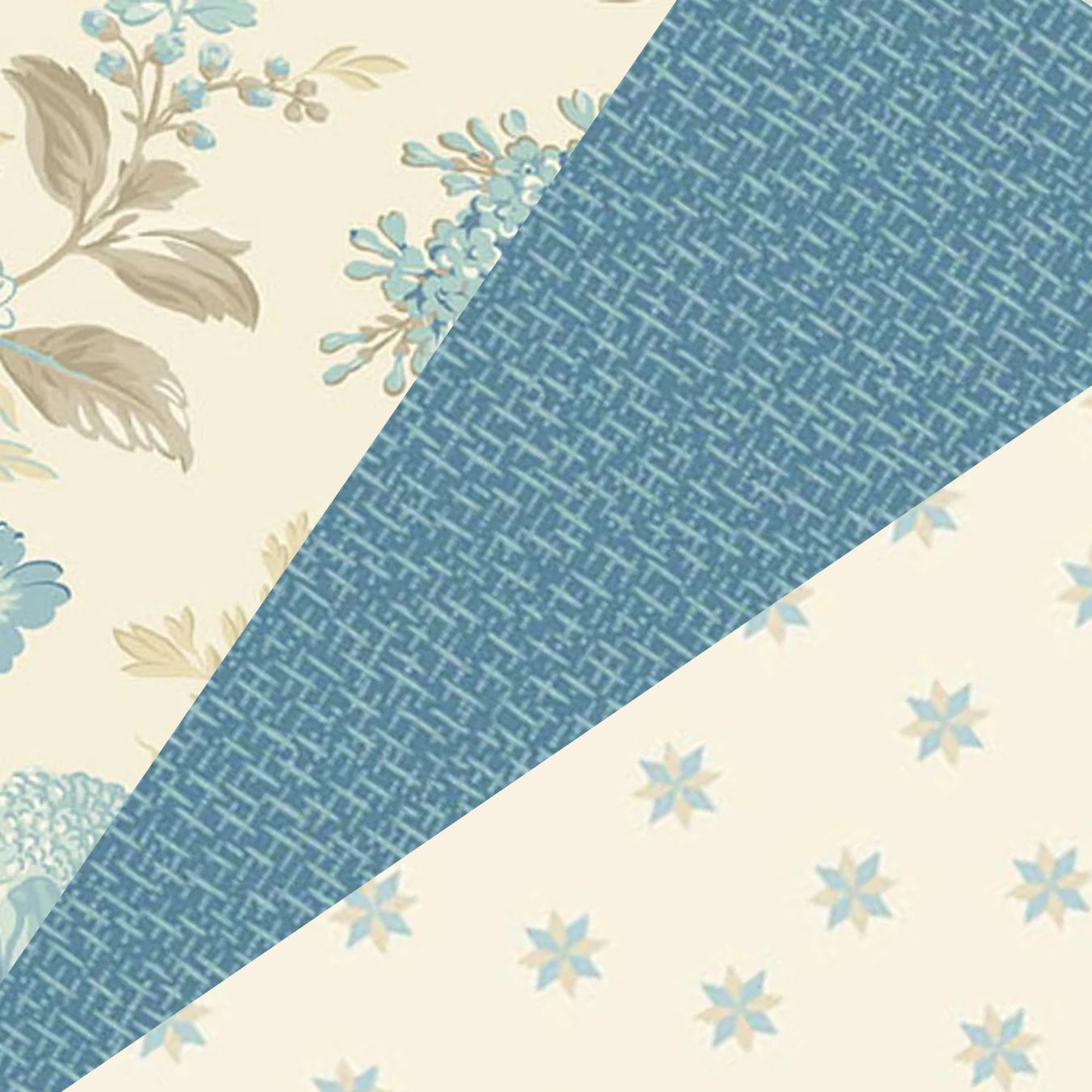 The Quilted Joy Sewing Bird Linen Bed of Roses 3 Yard Quilt Top Bundle features soft vintage-style premium cotton with blue and beige floral, blue crisscross, and cream with blue stars—perfect for your next quilt.