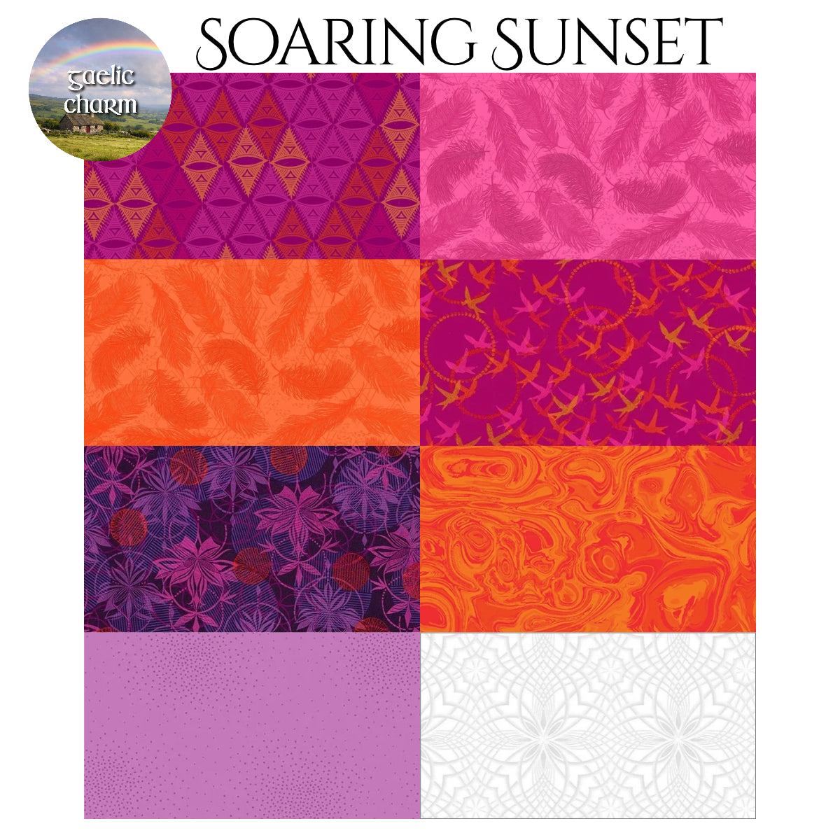 Soaring Sunset fabric swatches showing warm orange and gold colorways for quilt kit
